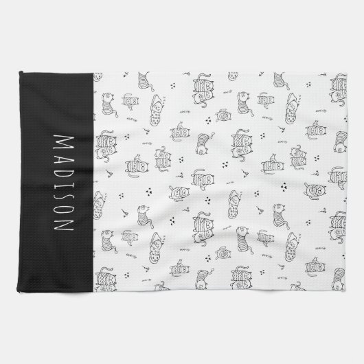 Cute Cats Black en White Doodle Pattern Theedoek (Horizontaal)