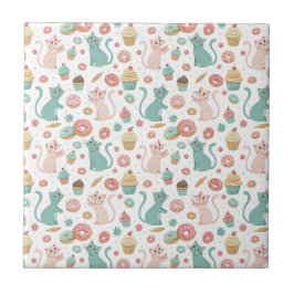 Cute Cats & Cupcakes Patroon - Kawaii Kitten Kunst Tegeltje