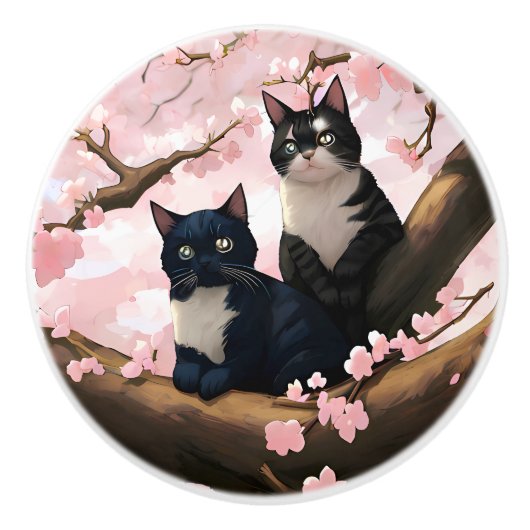 Cute Cats on the Cherry Blossom Tree Keramische Knop (Voorkant)