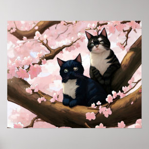 Cute Cats on the Cherry Blossom Tree Poster