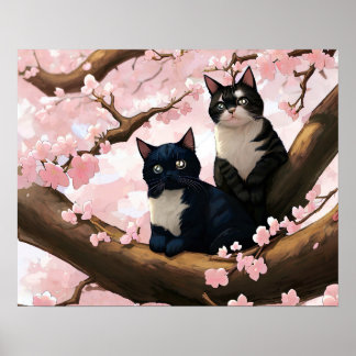 Cute Cats on the Cherry Blossom Tree Poster