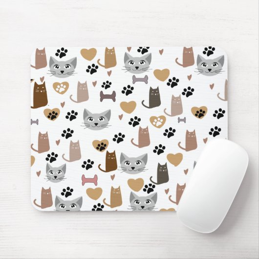 Cute Cats & Paw and Hearts Print Pattern Muismat (Met muis)