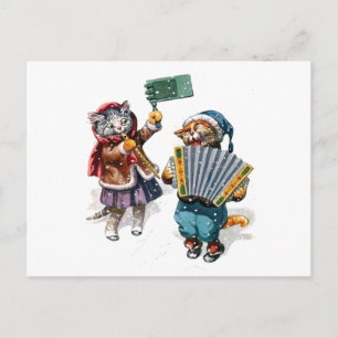 Cute Cats Speel de accordeon in de sneeuw Briefkaart
