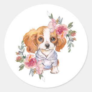 Cute Cavalier King Charles Spaniel en Flowers Ronde Sticker