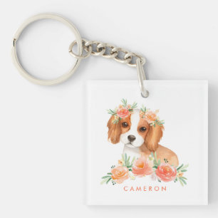 Cute Cavalier King Charles Spaniel Oranje bloemen Sleutelhanger