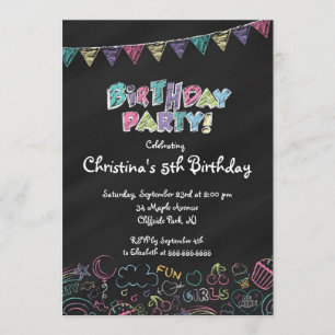 Cute Chalkboard Girls Birthday Party Invitation Kaart