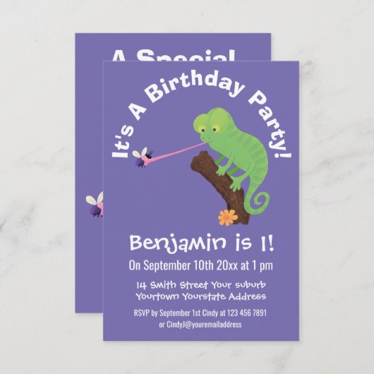 Cute chameleon die een bug cartoon vangt kaart (Voorkant / Achterkant)