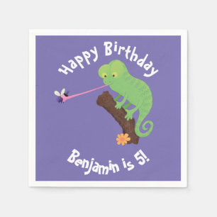 Cute chameleon die een bug cartoon vangt servet