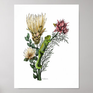Cute Chameleon in Protea Floral Bouquet Botanical  Poster
