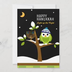 Cute Chanoeka-uil & menorah besneeuwde boom Feestdagenkaart