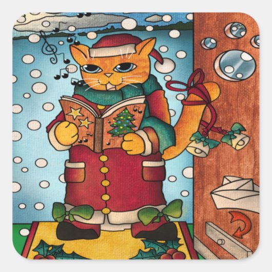Cute Charming Kerstmis Carol Singer Cat Vierkante Sticker (Voorkant)