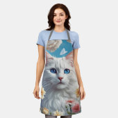 Cute Chat Beau Tablier Floral Blanc, Chef femme (Porté)