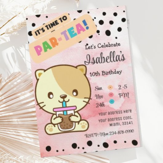 Cute Chat Boire Boba Thé Anniversaire Invitation