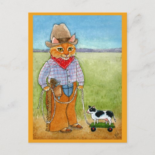 Cute chat cowboy, carte postale de vache jouets (Devant)