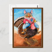 Cute chat cowboy équitation dinde carte postale (Devant / Derrière)