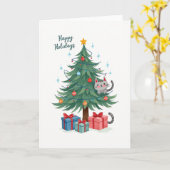 Cute Chat Dans L'Arbre De Noël Carte Illustrée (Fleur jaune)