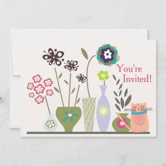Cute Chat et Fleurs Potées Invitation Baby shower (Devant)