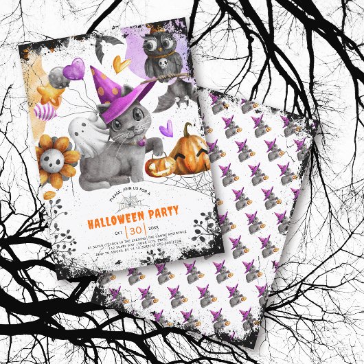 Cute chat et hibou Invitation à la fête d'Hallowee