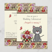 Cute Chat, Fleurs et Papillons Invitation d'annive (Devant / Derrière)