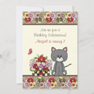Cute Chat, Fleurs et Papillons Invitation d'annive
