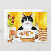 Cute chat manger carte postale petit-déjeuner (Devant / Derrière)