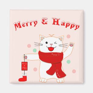 Cute Chat Merry & Happy   Magnet de Noël mignon