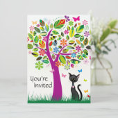 Cute chat noir et arbre à fleurs Invitation d'anni (Debout devant)