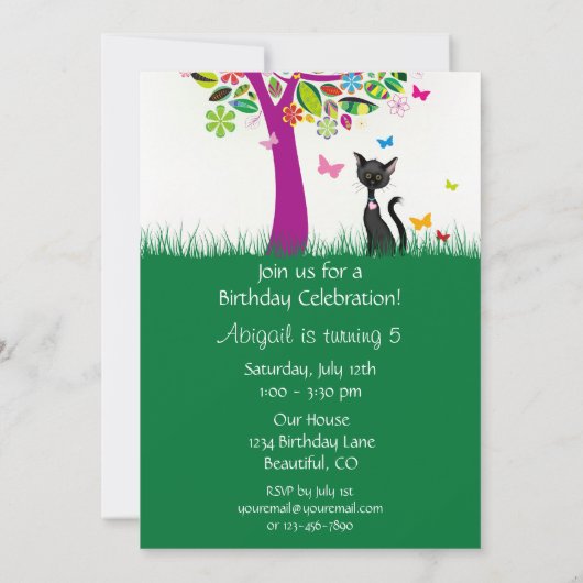 Cute chat noir et arbre à fleurs Invitation d'anni (Dos)