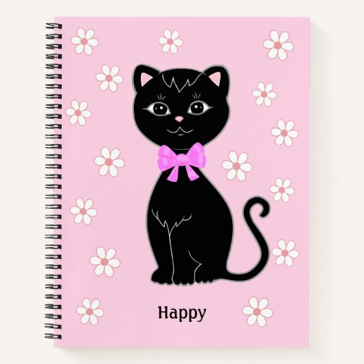 Cute Chat noir & Fleurs sur Carnet rose clair (Devant)