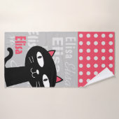 Cute Chat Noir Pois Rose Ajouter Votre Nom (Serviette de bain)