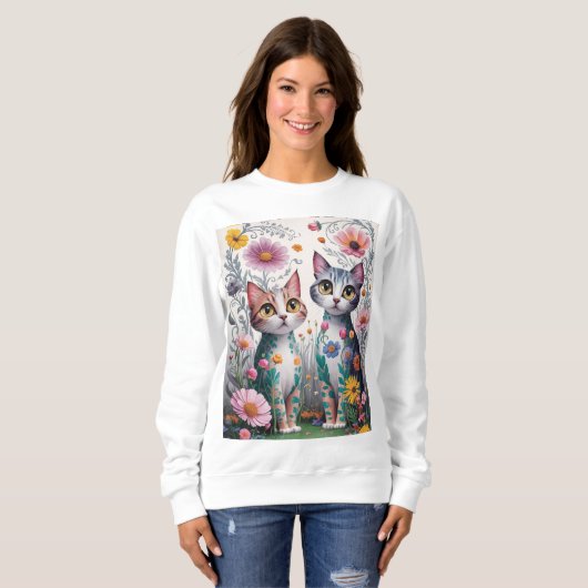 Cute chat sweatshirt design de fleur (Devant entier)