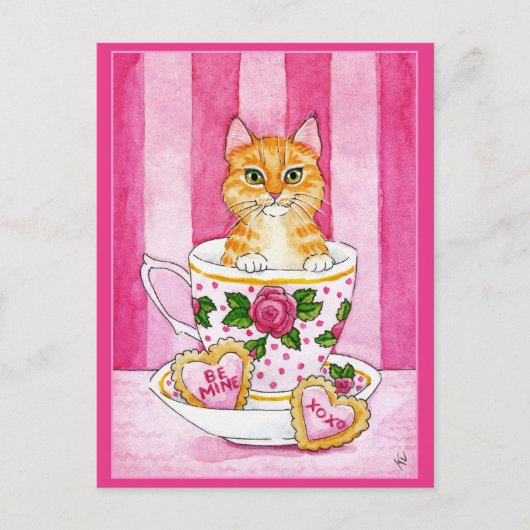 Cute chat tasse de thé Valentines Day carte postal (Devant)