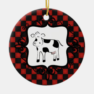 Cute Checkerboard Cow Whimsical Animal Keramisch Ornament