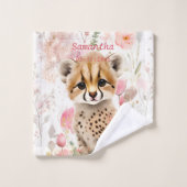 Cute Cheetah Cub Pastel Aquarelle Fleurs Enfants (Gant de toilette)