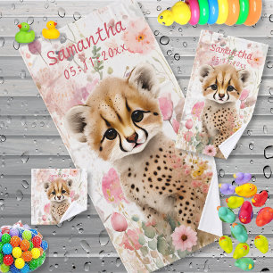 Cute Cheetah Cub Pastel Aquarelle Fleurs Enfants
