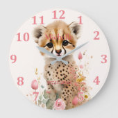 Cute Cheetah Cub Pastel Waterverf Spring Flowers Grote Klok (Voorkant)