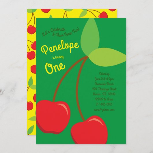 Cute Cherries Kinder 1st Birthday Party Cherry Kaart (Voorkant / Achterkant)