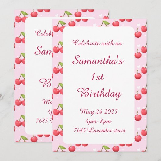Cute Cherry 1er Anniversaire Fête Invitation (Devant / Derrière)