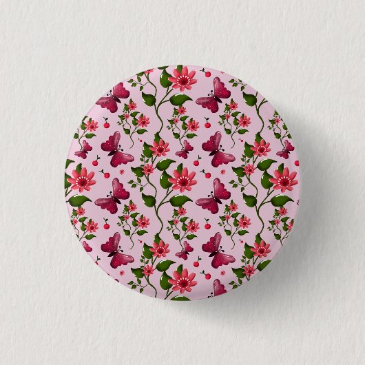 Cute Cherry Butterfly Pattern, Glossy Kawaii Fruit Ronde Button 3,2 Cm (Voorkant)