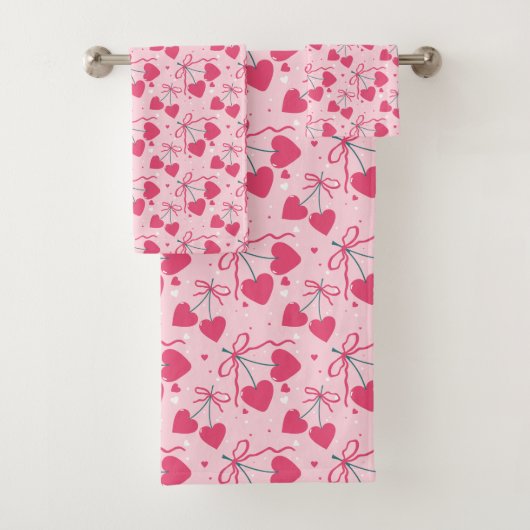 Cute Cherry Heart Towel Set | Sweet Retro Valentin Bad Handdoek (Insitu)