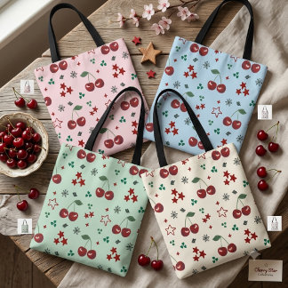 Cute Cherry Pattern Mint Green Cottagecore Draagtas