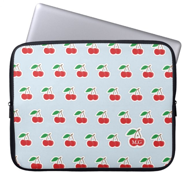 Cute Cherry Pattern op Light Blue Monogram Laptop Sleeve (Voorkant)