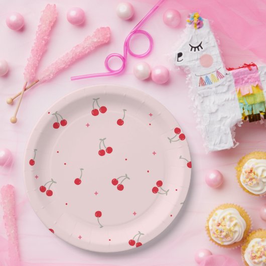 Cute Cherry Pattern | Pink Aesthetic Seamless  Papieren Bordje (Feest)