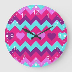Cute Chevron Hearts Pink Blauwgroen Teen Girl Gift Grote Klok