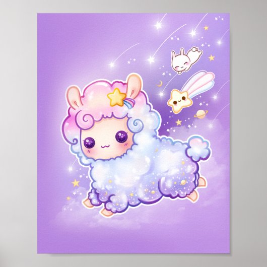 Cute chibi alpaca met kawaii vallende ster poster (Voorkant)