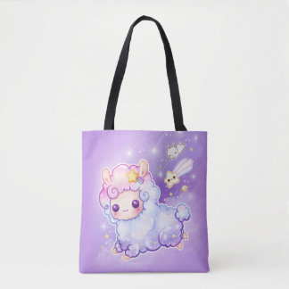 Cute chibi alpaca met kawaii vallende ster tote bag