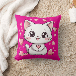 Cute Chibi Chat Coussin rose avec Coeurs Kawaii