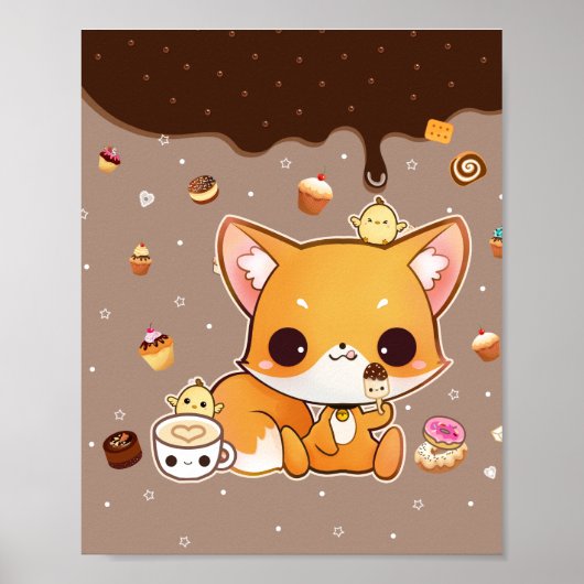 Cute chibi fox met kawaii-icecream poster (Voorkant)