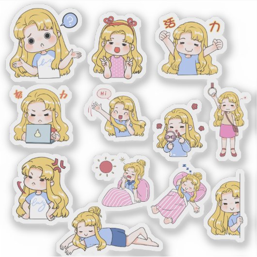 Cute Chibi Girl Emotions Vinyl Sticker Set (Devant)