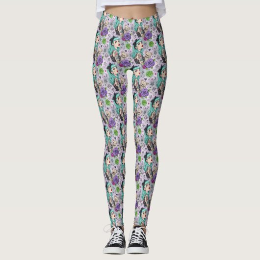 Cute Chibi Girl & Floral Pattern Leggings (Voorkant)